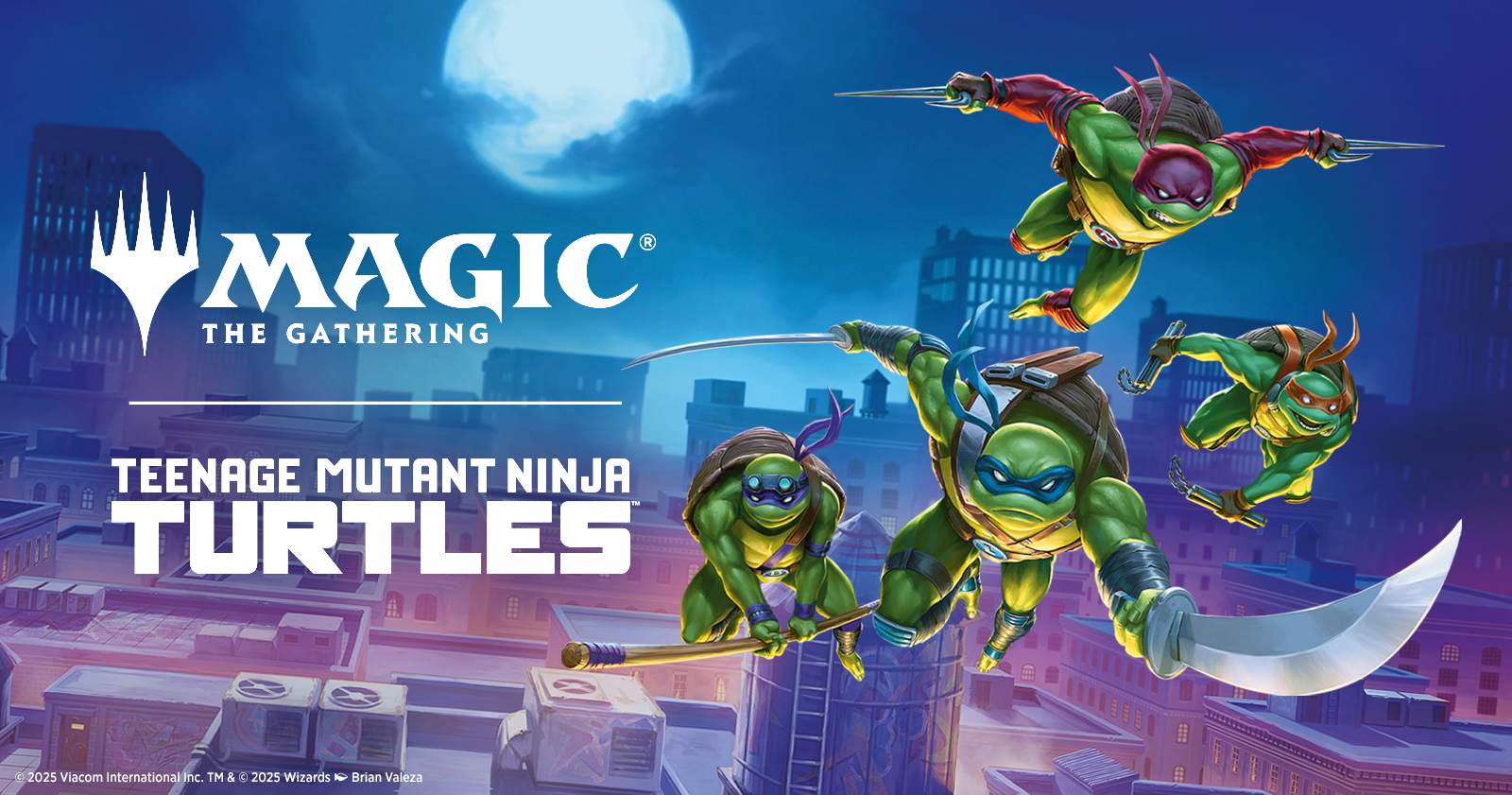 Teenage Mutant Ninja Turtles jumping across city rooftops.